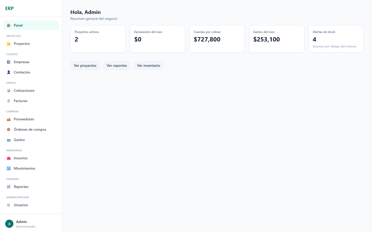 Dashboard del ERP con facturación, cuentas por cobrar y alertas de stock