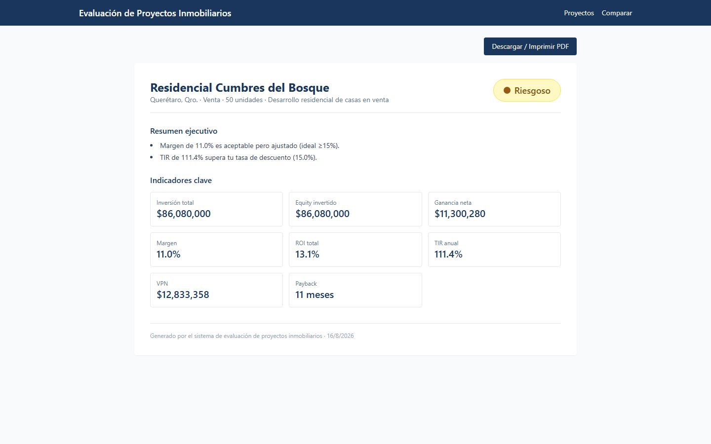 Reporte ejecutivo exportable de un proyecto inmobiliario