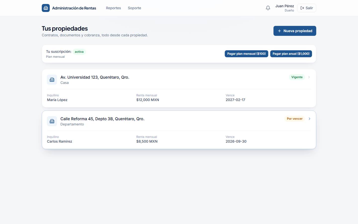 Dashboard con roles y permisos del SaaS de rentas