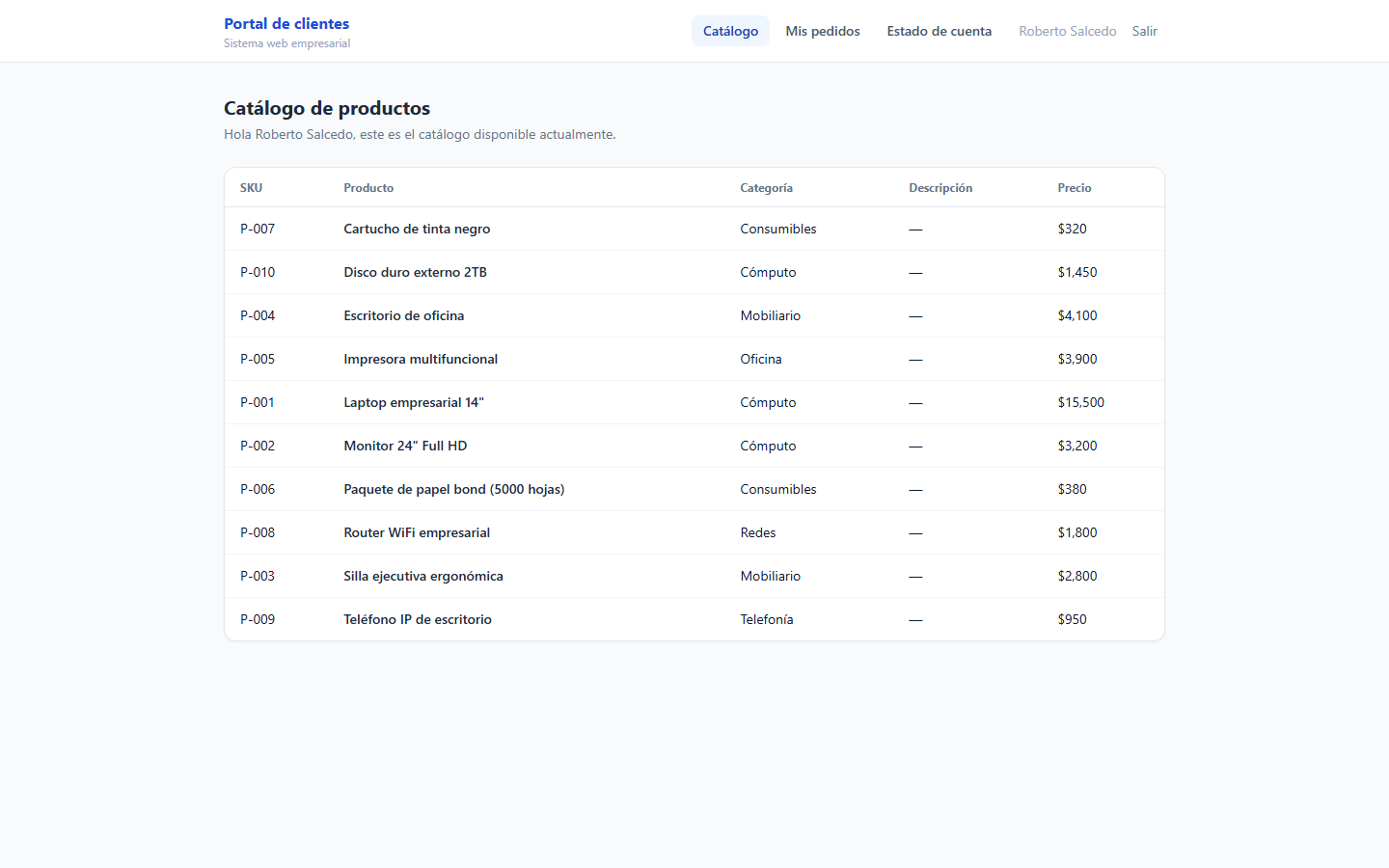 Portal de autoservicio para clientes con catálogo de productos